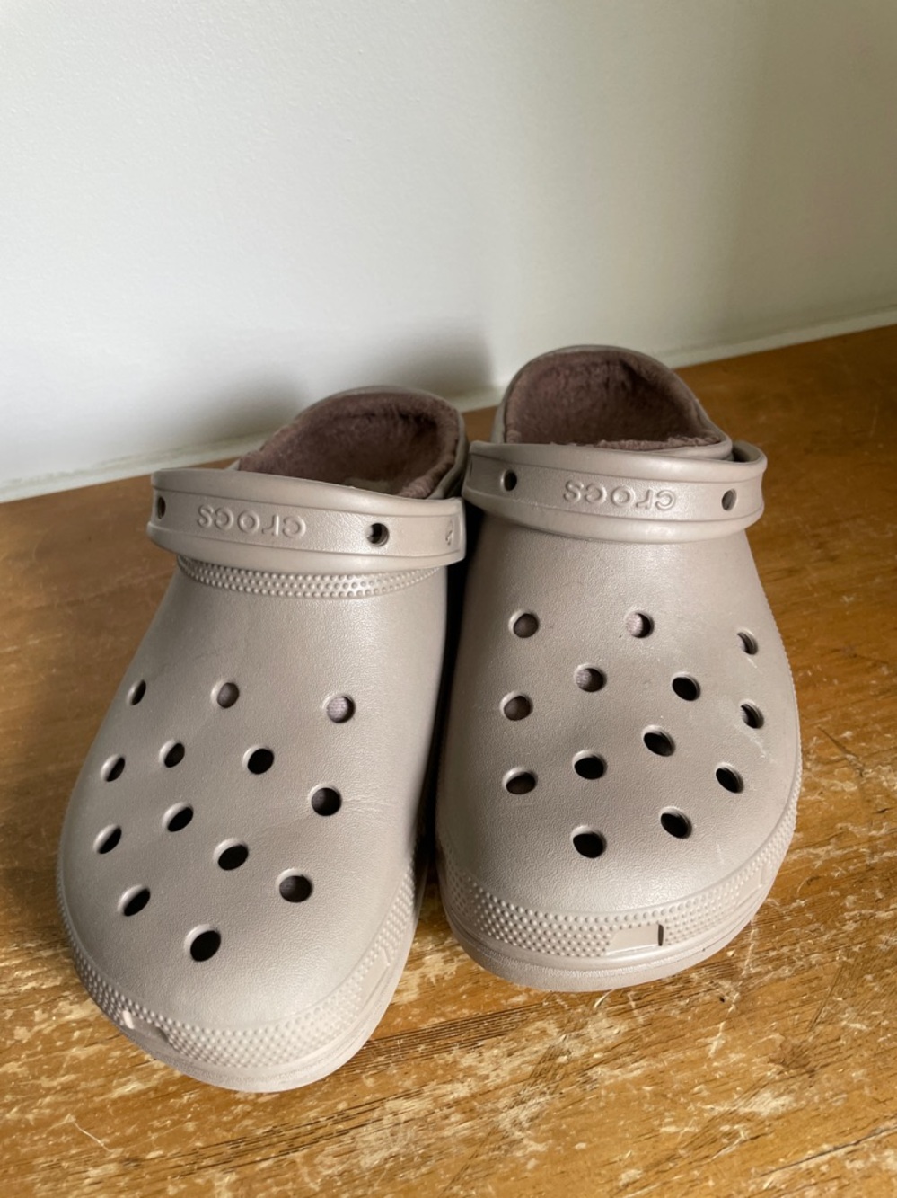 Cozy Crocs Clog Slip-Ons in Taupe with brown fleece lining.